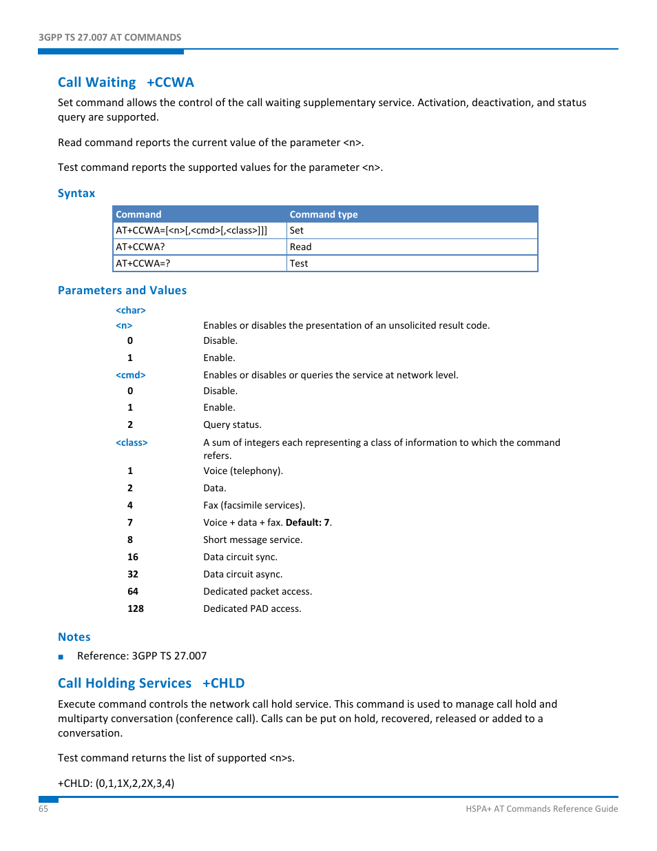 Call waiting +ccwa, Syntax, Parameters and values | Notes, Call holding services +chld | Synaccess Networks NP-0801DTM User Manual | Page 65 / 330