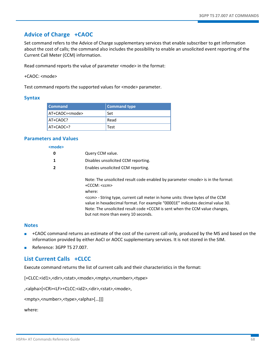 Advice of charge +caoc, Syntax, Parameters and values | Notes, List current calls +clcc | Synaccess Networks NP-0801DTM User Manual | Page 68 / 330