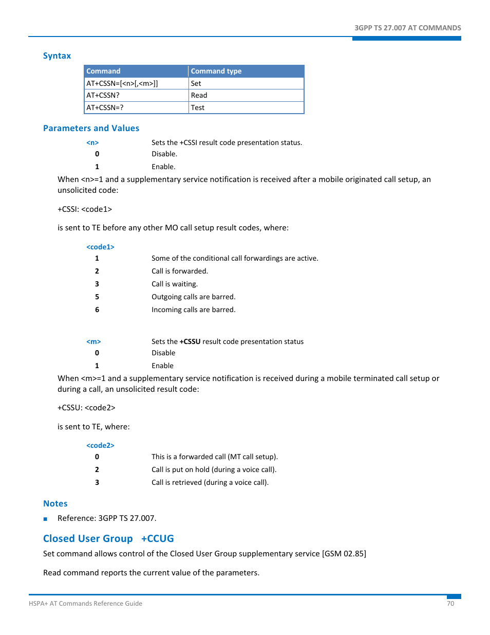 Syntax, Parameters and values, Notes | Closed user group +ccug | Synaccess Networks NP-0801DTM User Manual | Page 70 / 330