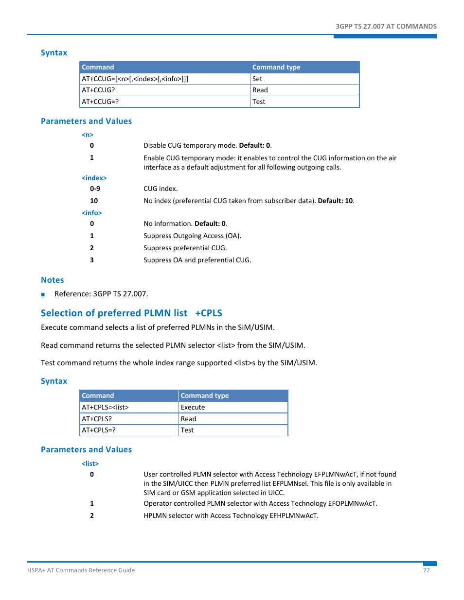 Syntax, Parameters and values, Notes | Selection of preferred plmn list +cpls | Synaccess Networks NP-0801DTM User Manual | Page 72 / 330