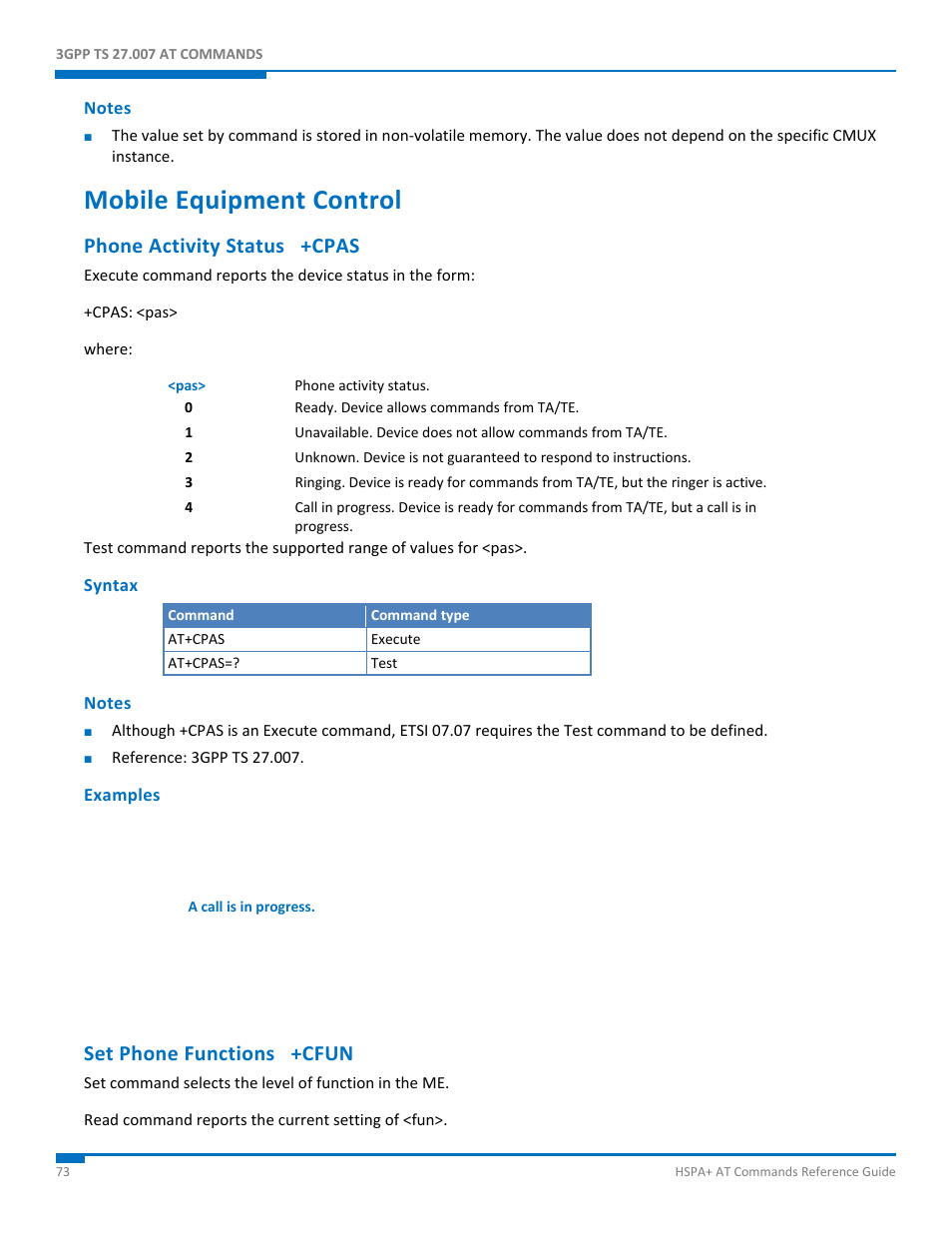 Notes, Mobile equipment control, Phone activity status +cpas | Syntax, Examples, Set phone functions +cfun | Synaccess Networks NP-0801DTM User Manual | Page 73 / 330