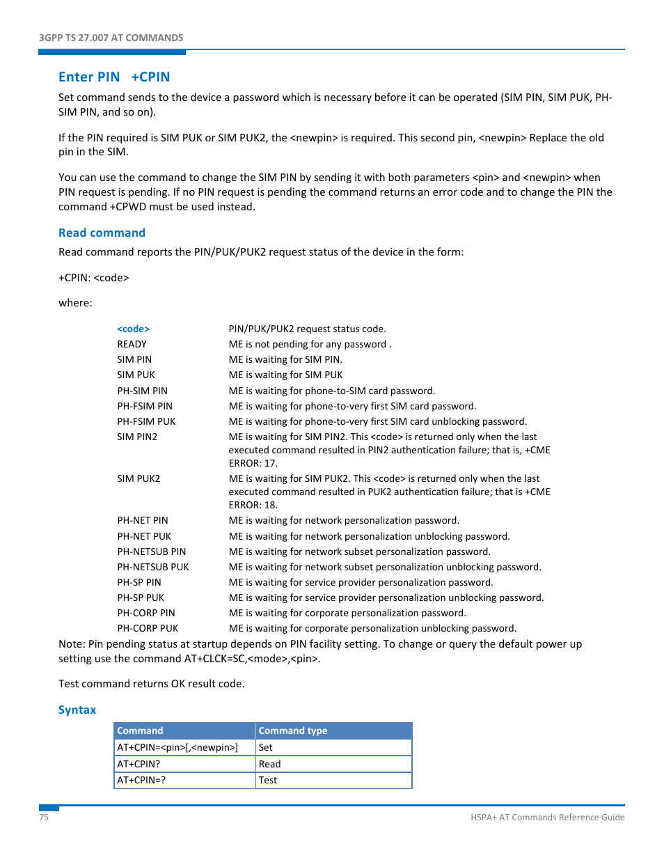 Enter pin +cpin, Read command, Syntax | Synaccess Networks NP-0801DTM User Manual | Page 75 / 330