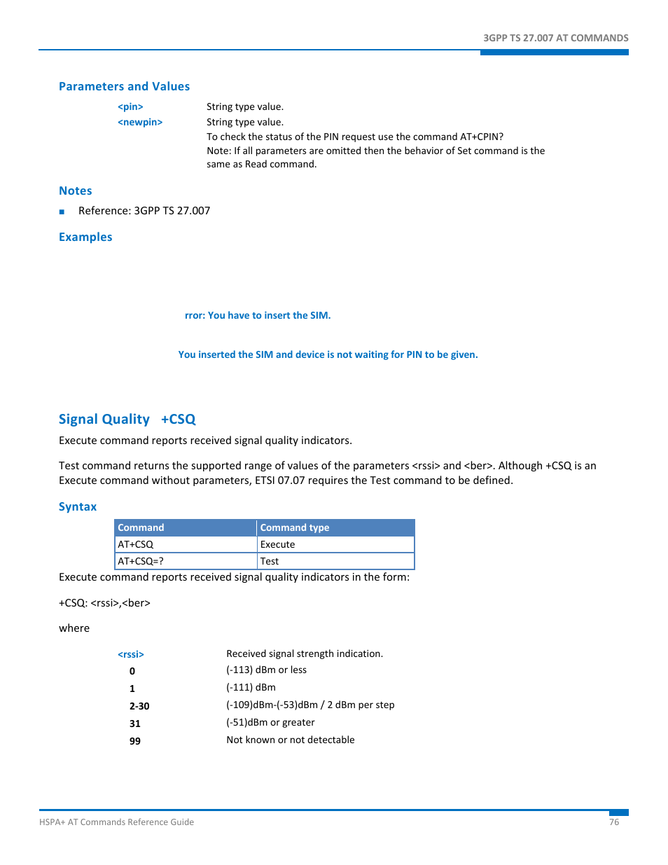 Parameters and values, Notes, Examples | Signal quality +csq, Syntax | Synaccess Networks NP-0801DTM User Manual | Page 76 / 330