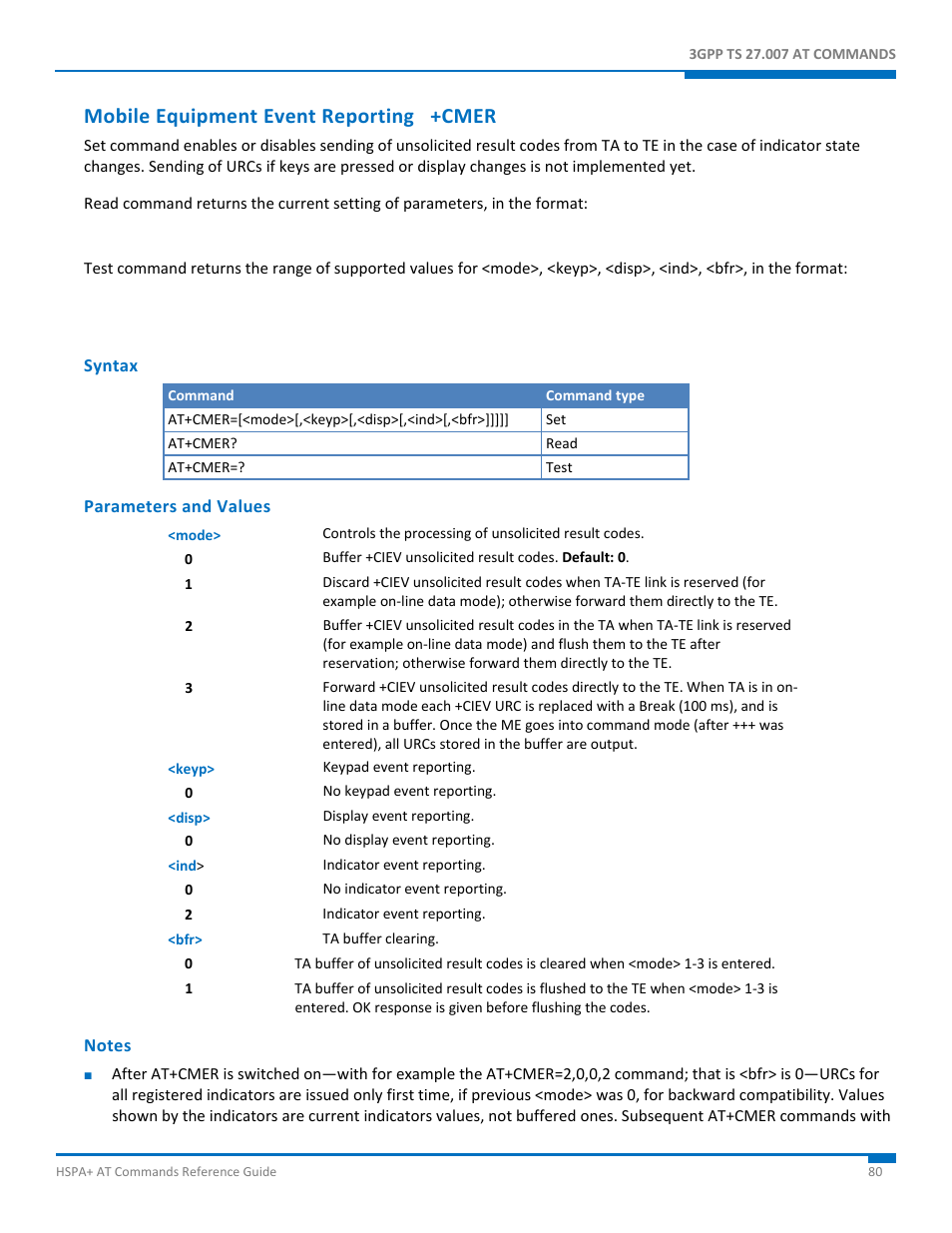 Mobile equipment event reporting +cmer, Syntax, Parameters and values | Notes | Synaccess Networks NP-0801DTM User Manual | Page 80 / 330