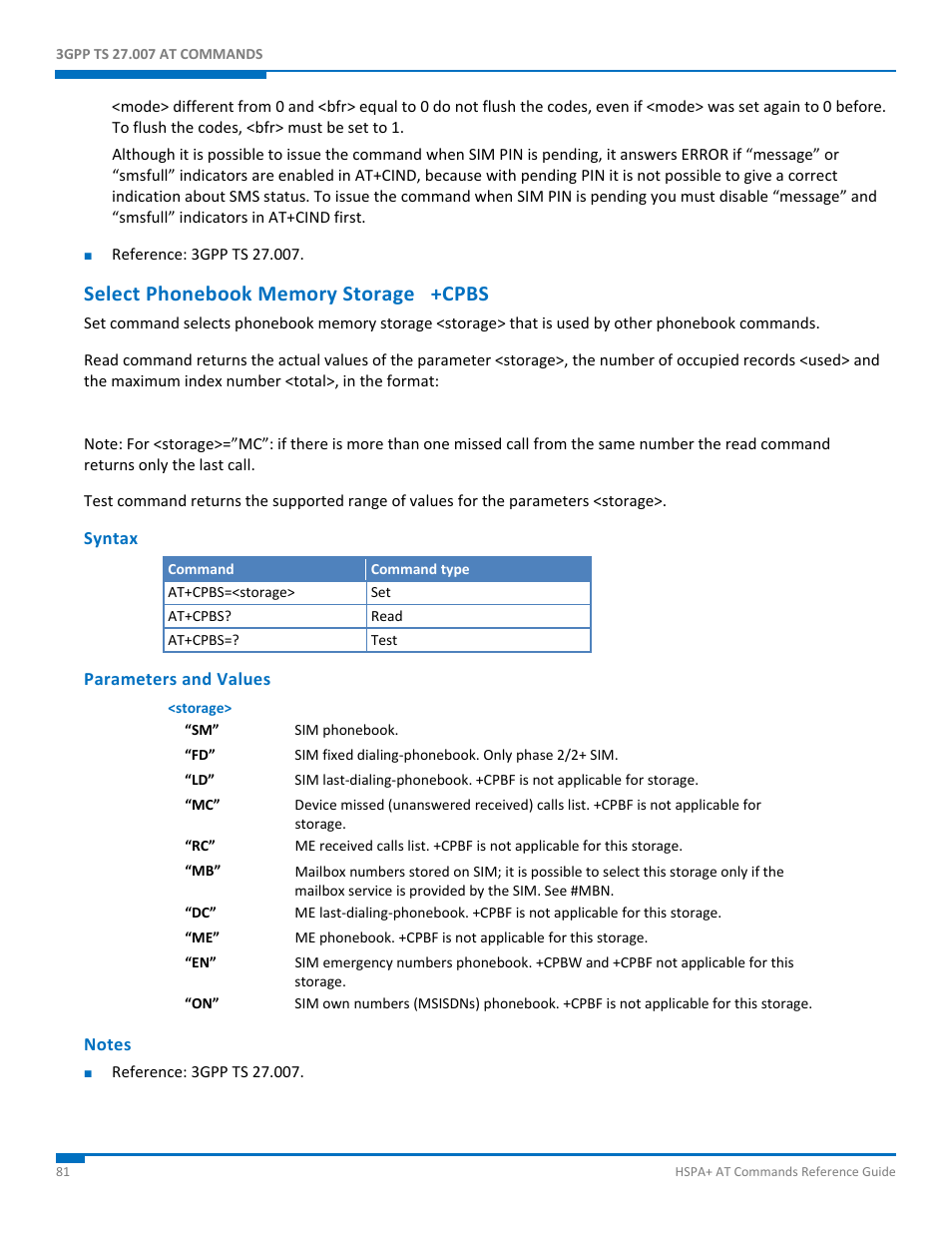 Select phonebook memory storage +cpbs, Syntax, Parameters and values | Notes | Synaccess Networks NP-0801DTM User Manual | Page 81 / 330
