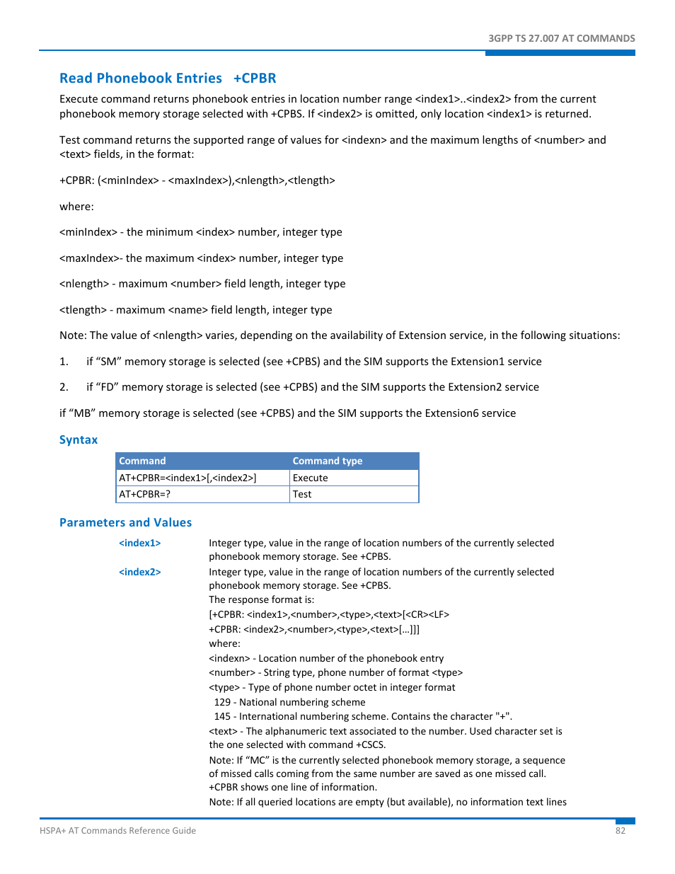 Read phonebook entries +cpbr, Syntax, Parameters and values | Synaccess Networks NP-0801DTM User Manual | Page 82 / 330