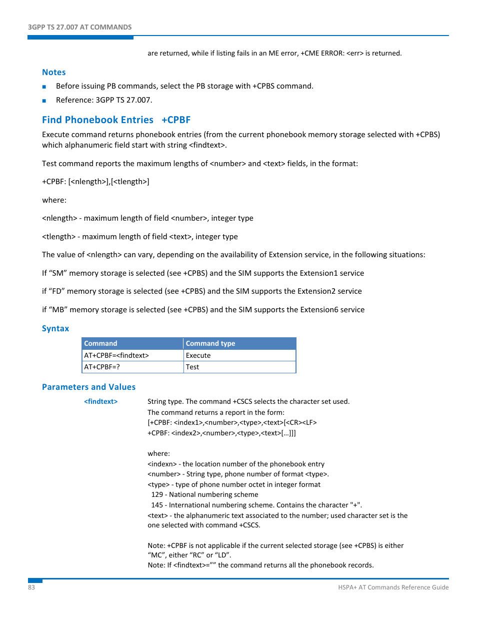 Notes, Find phonebook entries +cpbf, Syntax | Parameters and values | Synaccess Networks NP-0801DTM User Manual | Page 83 / 330