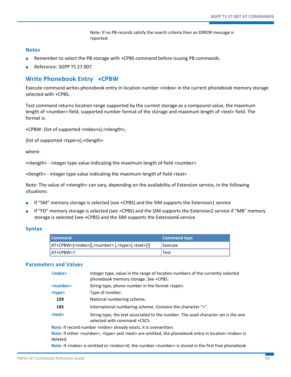 Notes, Write phonebook entry +cpbw, Syntax | Parameters and values | Synaccess Networks NP-0801DTM User Manual | Page 84 / 330