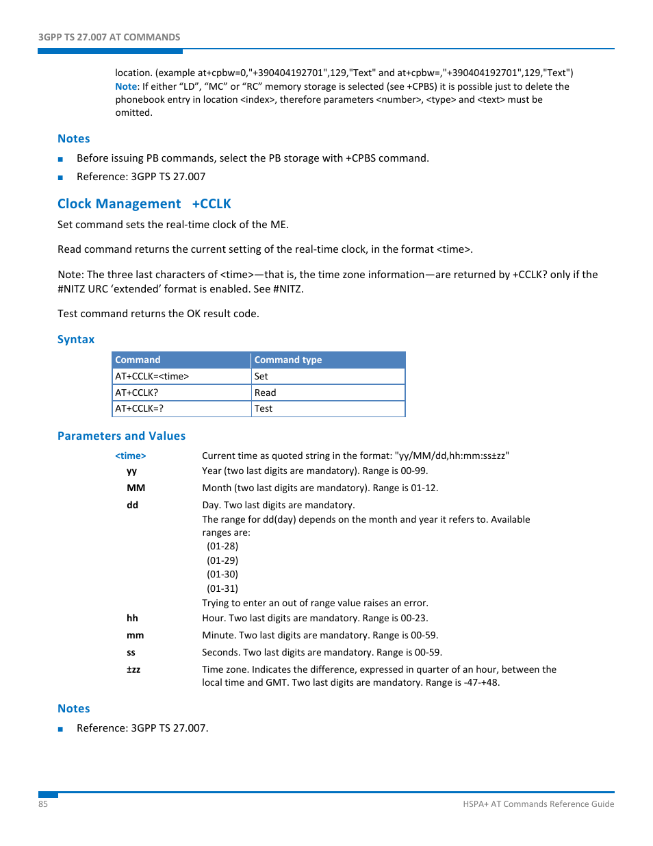 Notes, Clock management +cclk, Syntax | Parameters and values | Synaccess Networks NP-0801DTM User Manual | Page 85 / 330