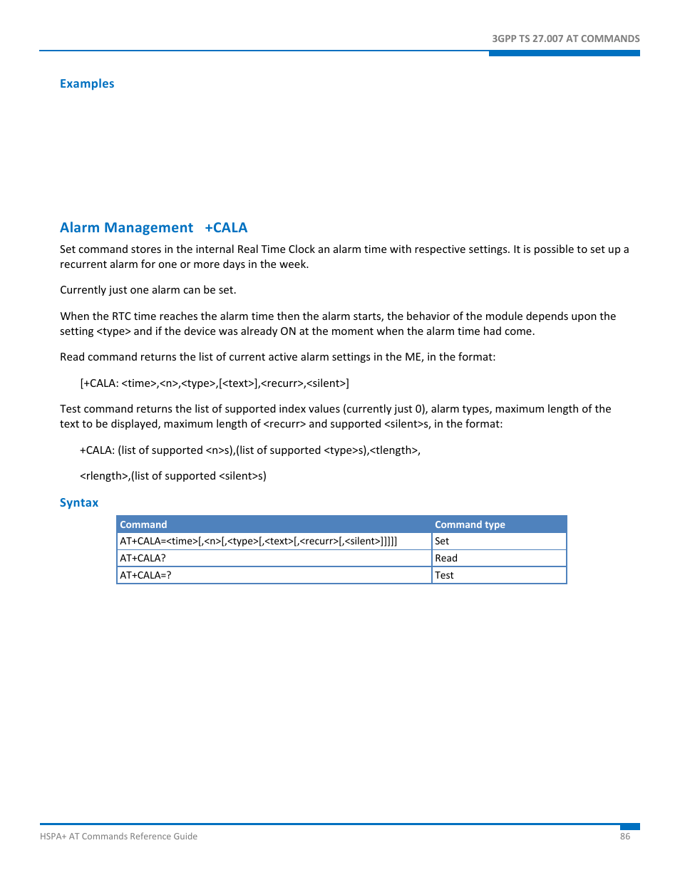 Examples, Alarm management +cala, Syntax | Synaccess Networks NP-0801DTM User Manual | Page 86 / 330