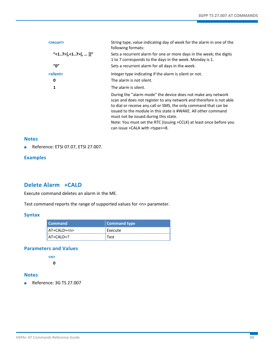 Notes, Examples, Delete alarm +cald | Syntax, Parameters and values | Synaccess Networks NP-0801DTM User Manual | Page 88 / 330