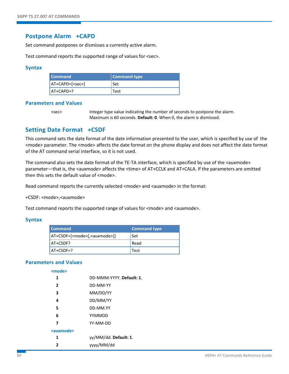 Postpone alarm +capd, Syntax, Parameters and values | Setting date format +csdf | Synaccess Networks NP-0801DTM User Manual | Page 89 / 330
