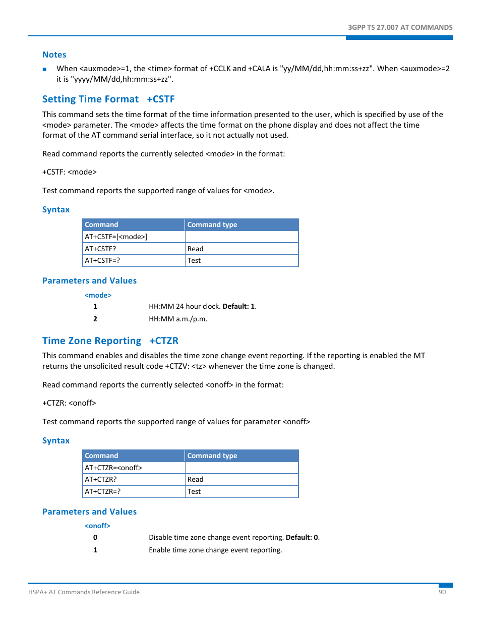 Notes, Setting time format +cstf, Syntax | Parameters and values, Time zone reporting +ctzr | Synaccess Networks NP-0801DTM User Manual | Page 90 / 330
