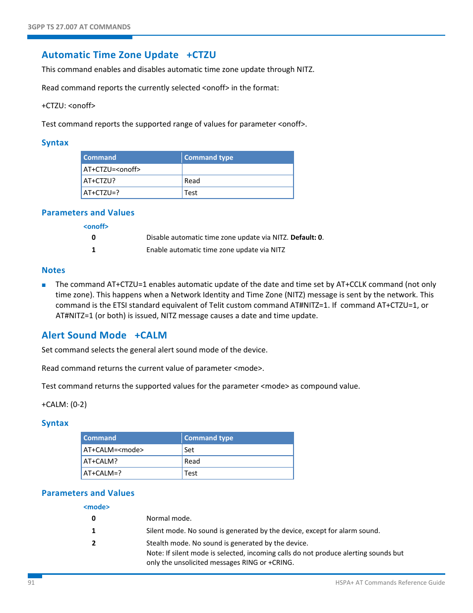 Automatic time zone update +ctzu, Syntax, Parameters and values | Notes, Alert sound mode +calm | Synaccess Networks NP-0801DTM User Manual | Page 91 / 330