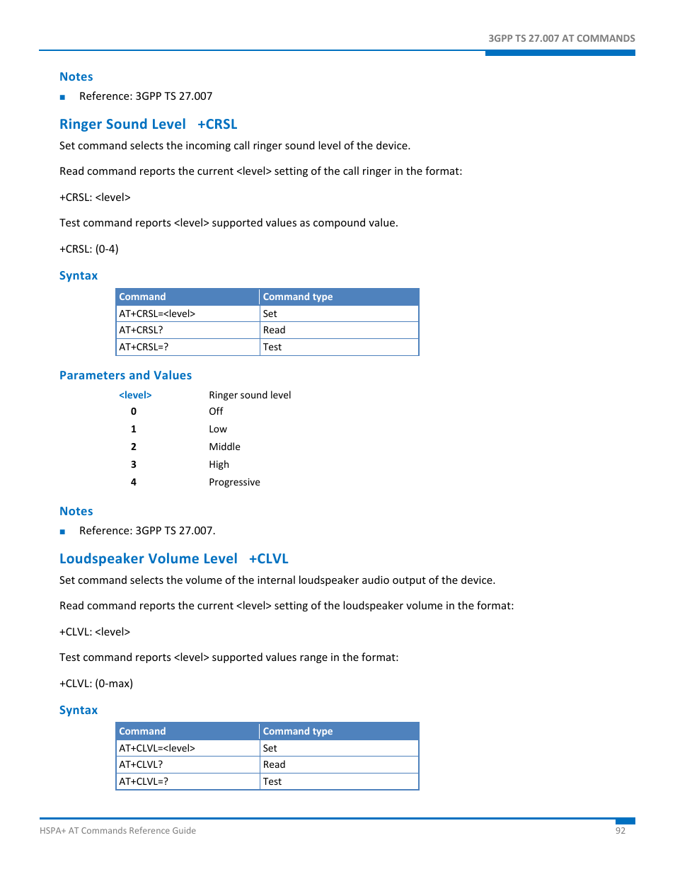 Notes, Ringer sound level +crsl, Syntax | Parameters and values, Loudspeaker volume level +clvl | Synaccess Networks NP-0801DTM User Manual | Page 92 / 330