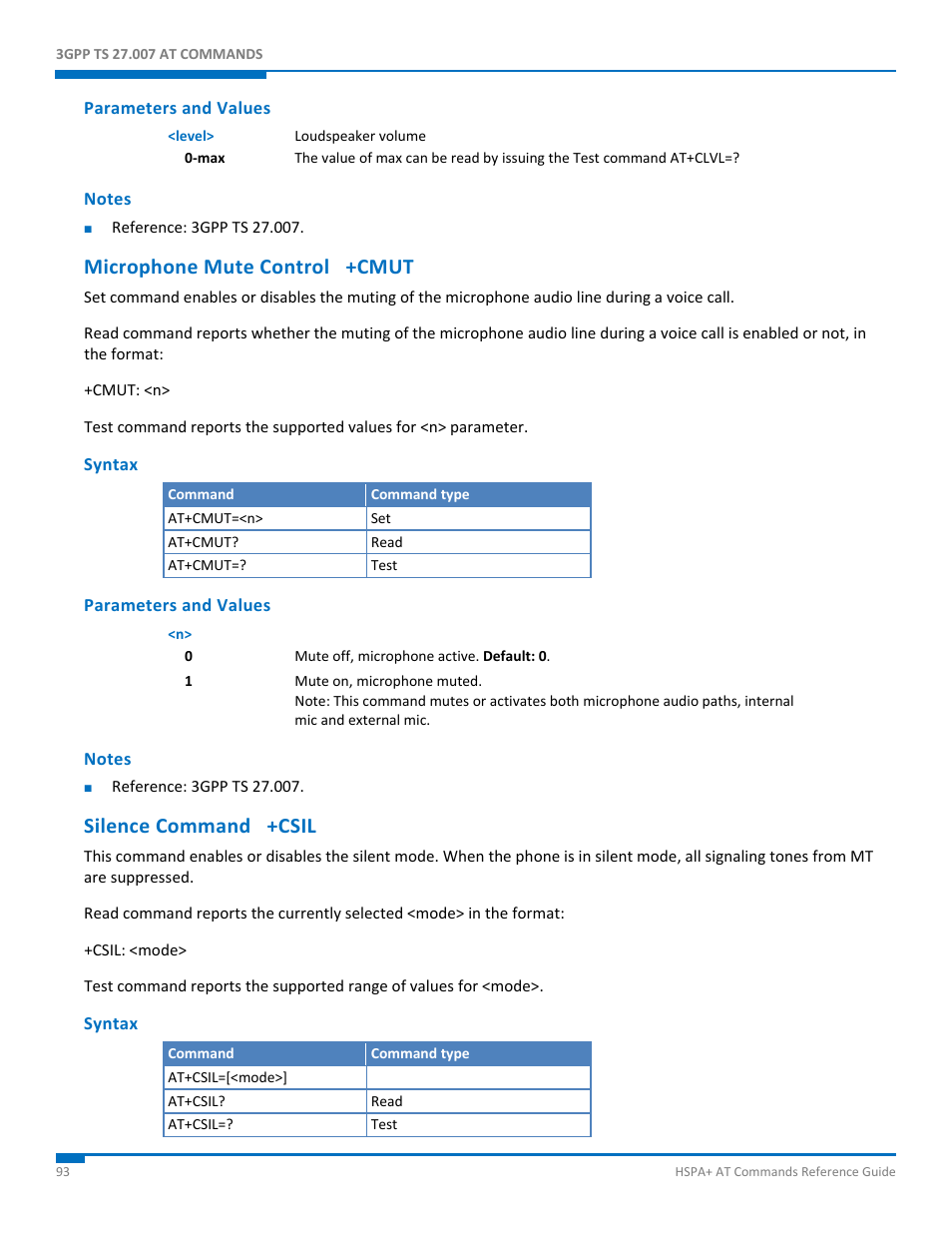 Parameters and values, Notes, Microphone mute control +cmut | Syntax, Silence command +csil | Synaccess Networks NP-0801DTM User Manual | Page 93 / 330