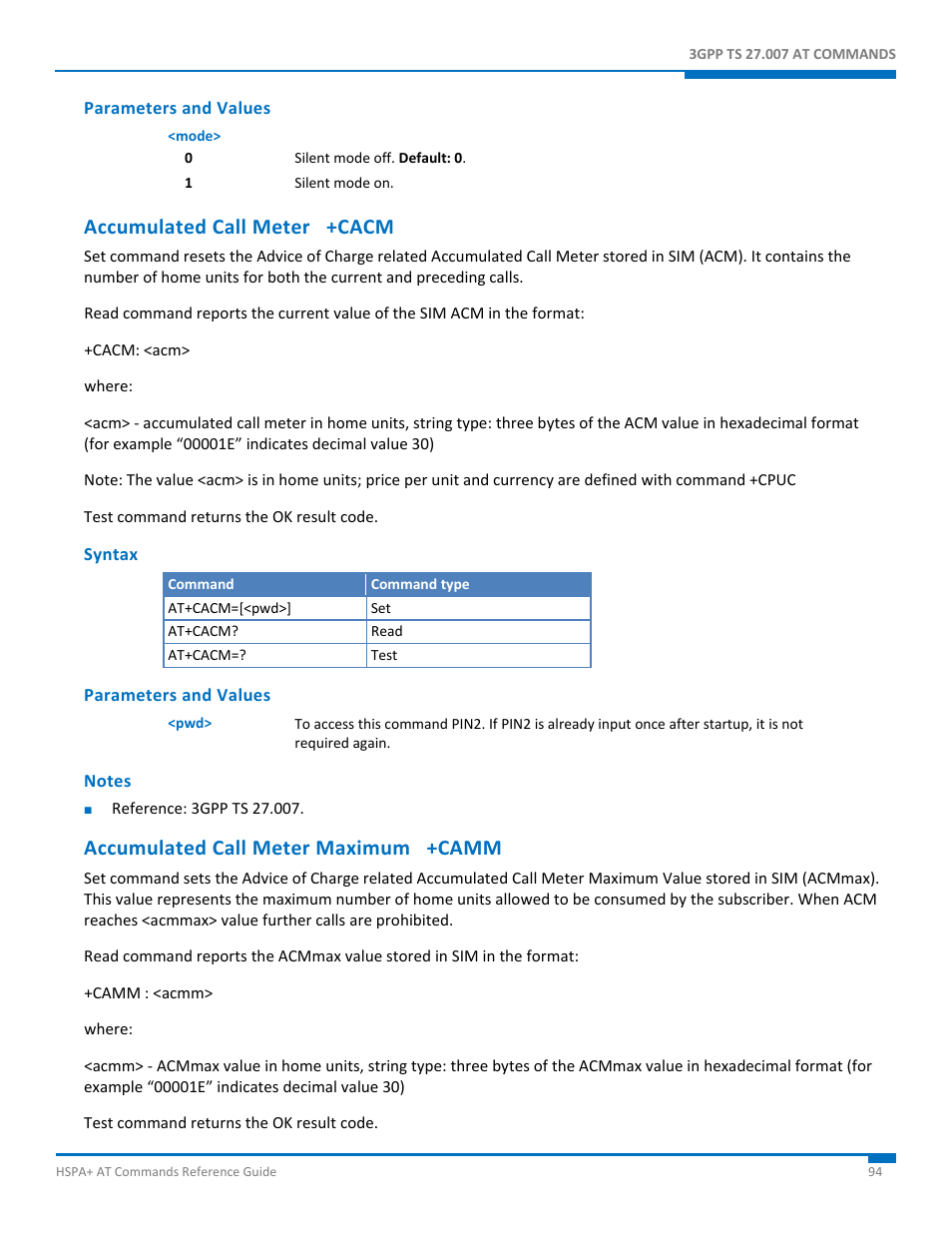 Parameters and values, Accumulated call meter +cacm, Syntax | Notes, Accumulated call meter maximum +camm | Synaccess Networks NP-0801DTM User Manual | Page 94 / 330