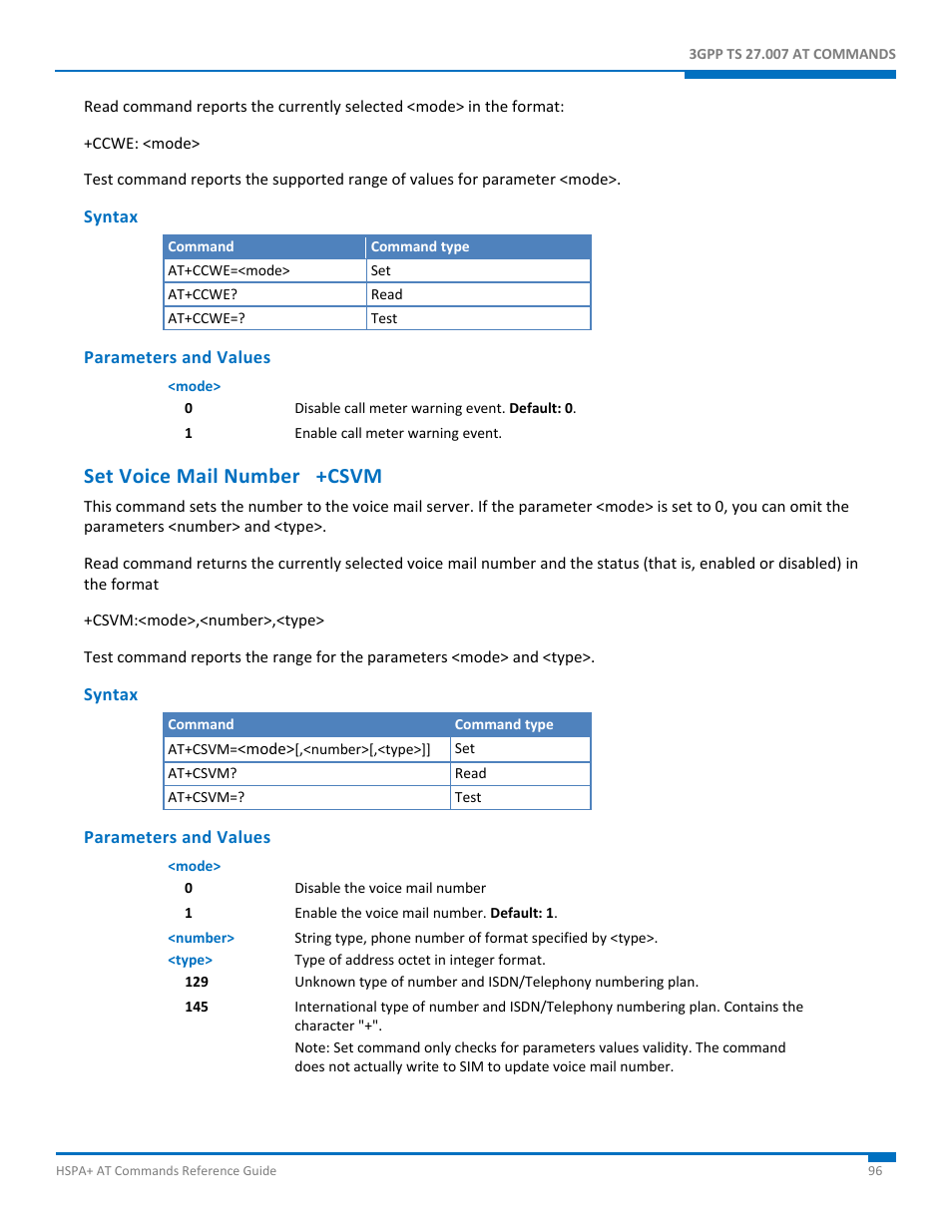 Syntax, Parameters and values, Set voice mail number +csvm | Synaccess Networks NP-0801DTM User Manual | Page 96 / 330