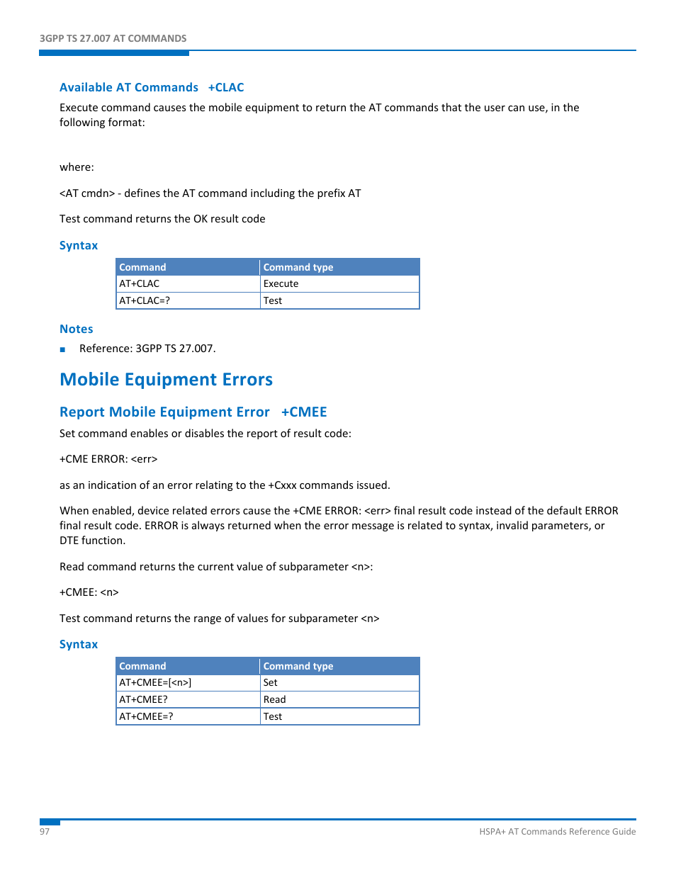 Available at commands +clac, Syntax, Notes | Mobile equipment errors, Report mobile equipment error +cmee | Synaccess Networks NP-0801DTM User Manual | Page 97 / 330