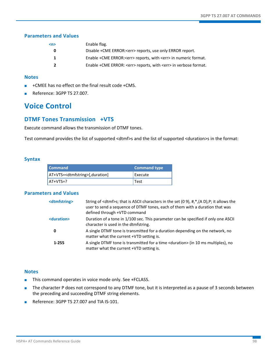 Parameters and values, Notes, Voice control | Dtmf tones transmission +vts, Syntax | Synaccess Networks NP-0801DTM User Manual | Page 98 / 330