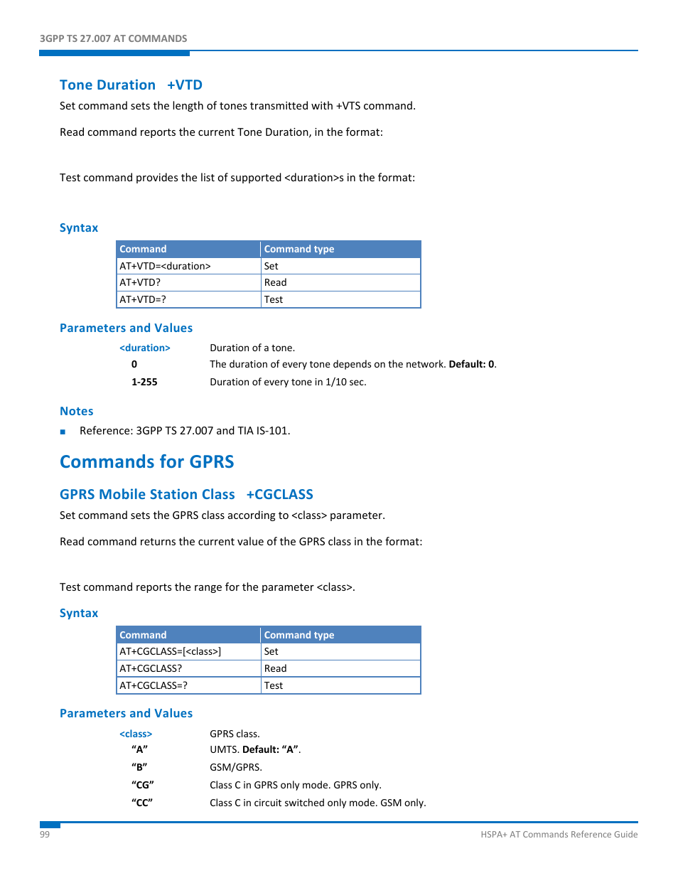 Tone duration +vtd, Syntax, Parameters and values | Notes, Commands for gprs, Gprs mobile station class +cgclass | Synaccess Networks NP-0801DTM User Manual | Page 99 / 330