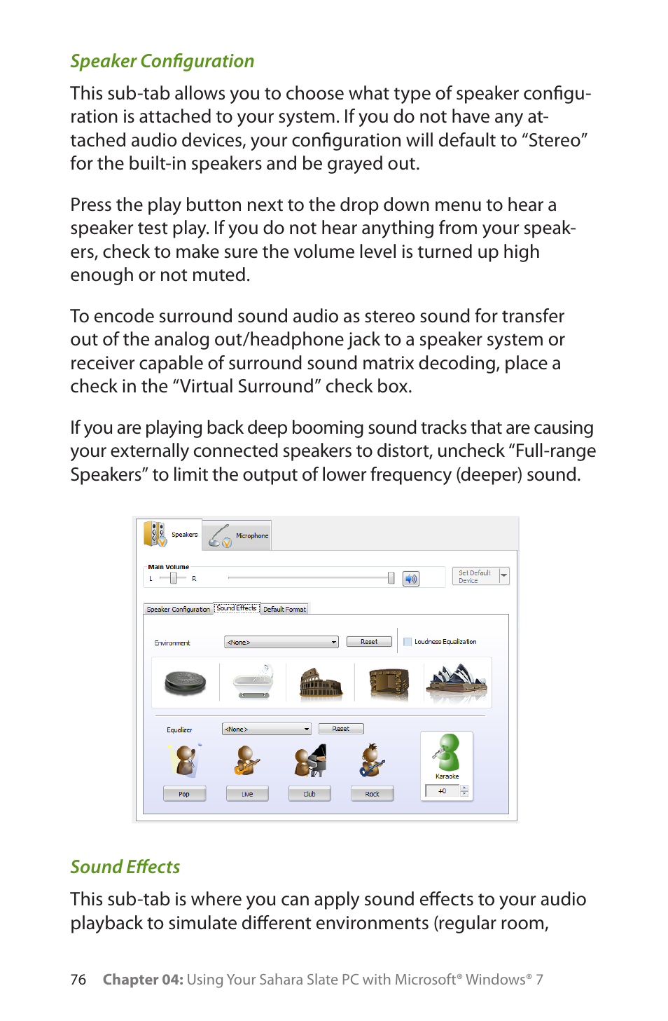 Speaker configuration, Sound effects | TabletKiosk Sahara Slate PC i575/i535 User Manual | Page 102 / 175