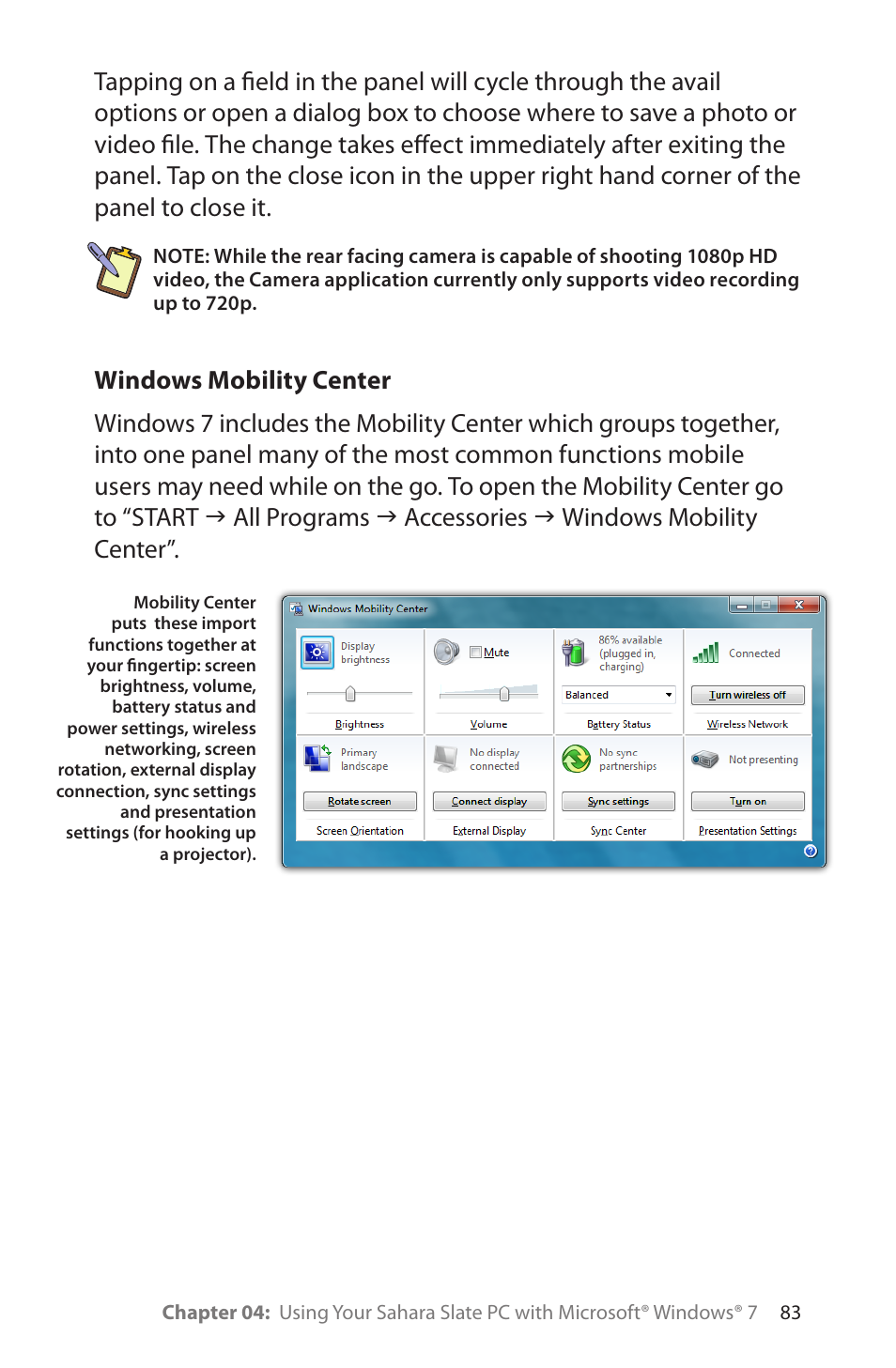 Windows mobility center | TabletKiosk Sahara Slate PC i575/i535 User Manual | Page 109 / 175