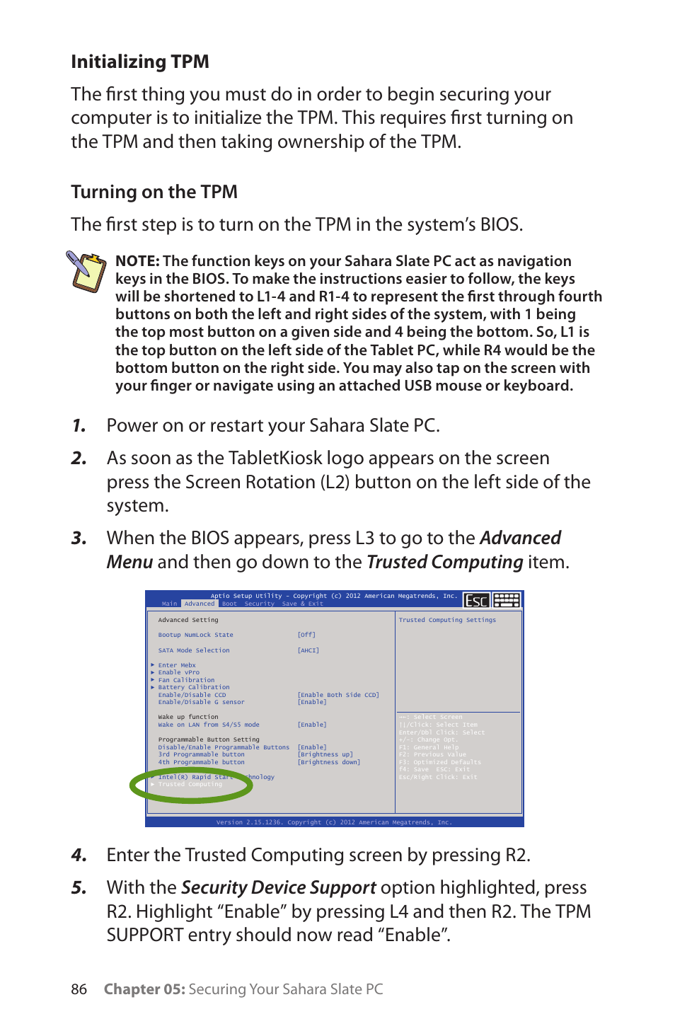Initializing tpm, Turning on the tpm, 86 chapter 05: securing your sahara slate pc | TabletKiosk Sahara Slate PC i575/i535 User Manual | Page 112 / 175