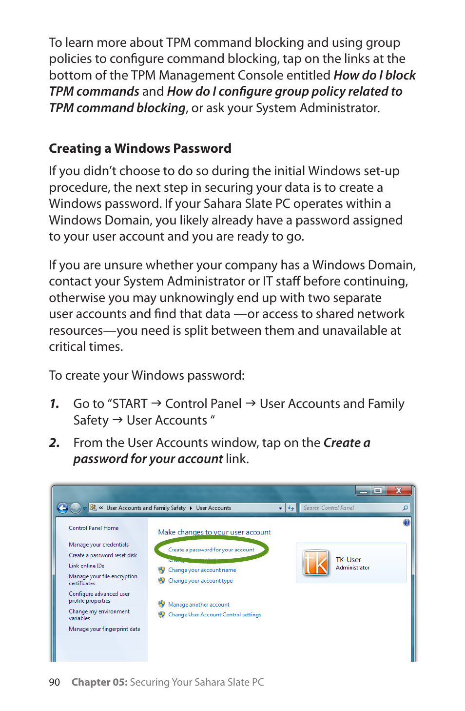 Creating a windows password | TabletKiosk Sahara Slate PC i575/i535 User Manual | Page 116 / 175