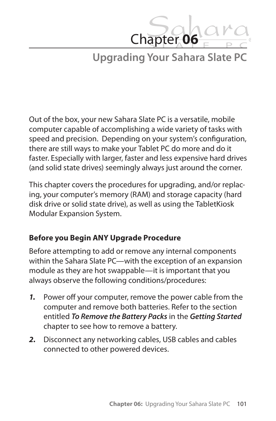Upgrading your sahara slate pc, Before you begin any upgrade procedure, Chapter 06 | TabletKiosk Sahara Slate PC i575/i535 User Manual | Page 127 / 175