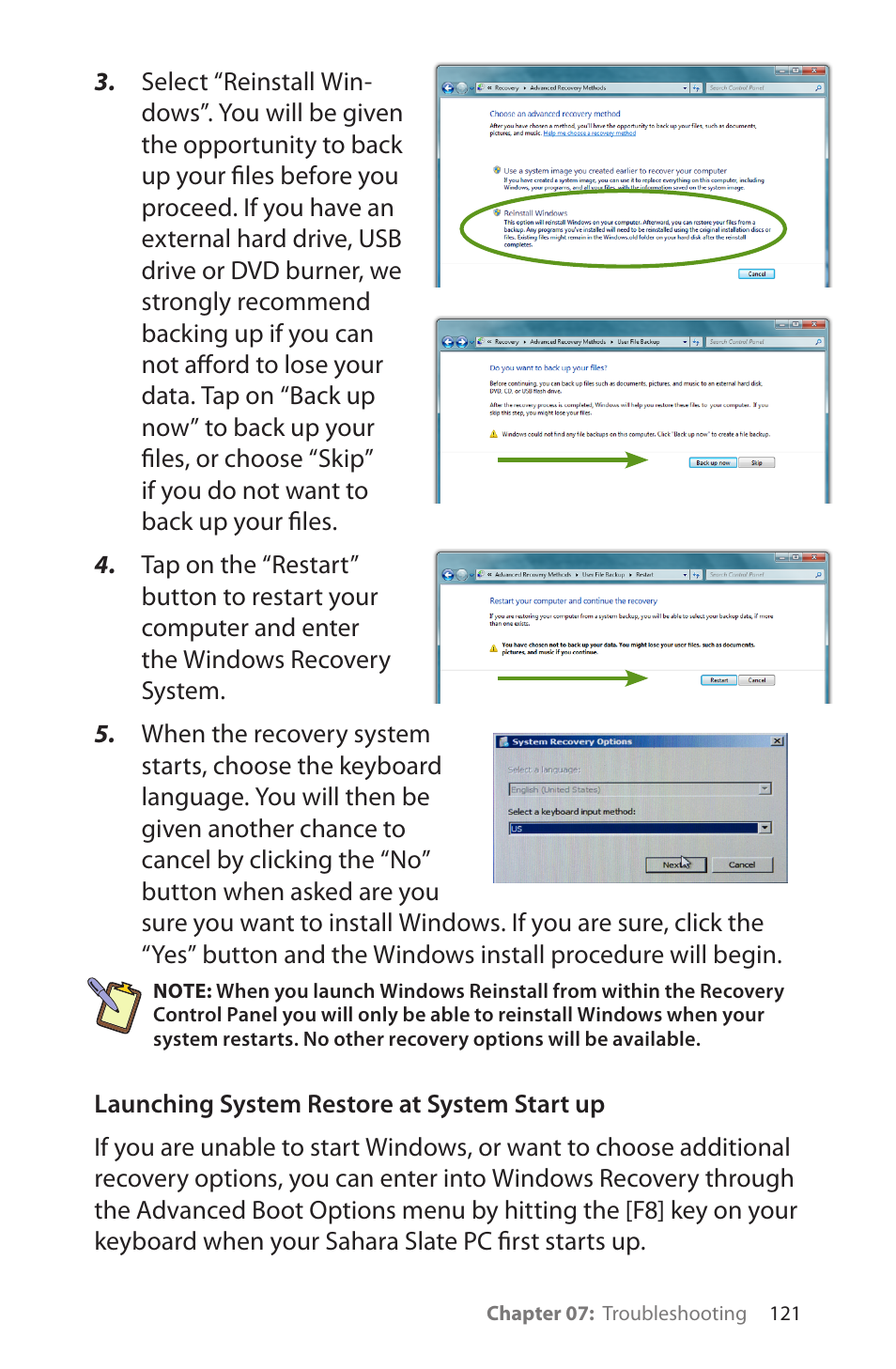 Launching system restore at system start up | TabletKiosk Sahara Slate PC i575/i535 User Manual | Page 147 / 175