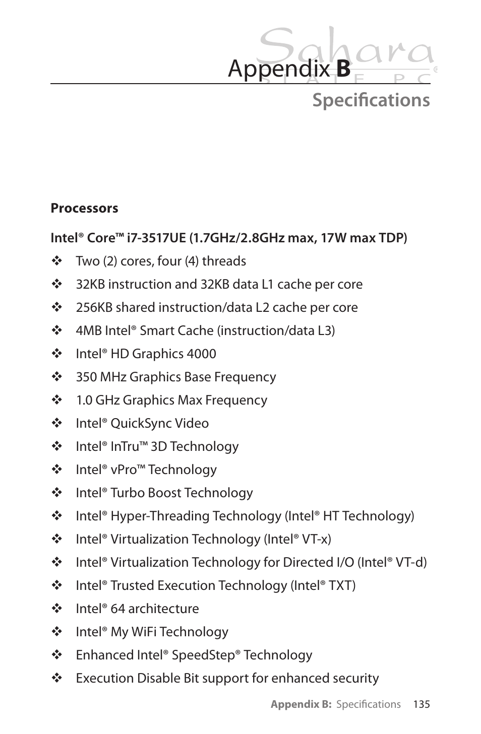 Specifications, Processors, Specifications 135 | Processors 135, Appendix b | TabletKiosk Sahara Slate PC i575/i535 User Manual | Page 161 / 175