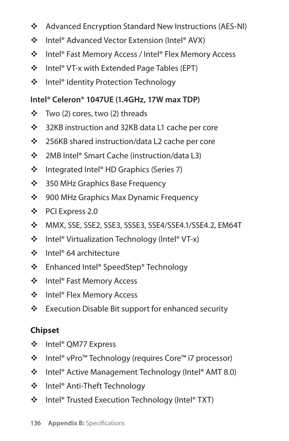 Intel® celeron® 1047ue (1.4ghz, 17w max tdp), Chipset, Chipset 136 | TabletKiosk Sahara Slate PC i575/i535 User Manual | Page 162 / 175