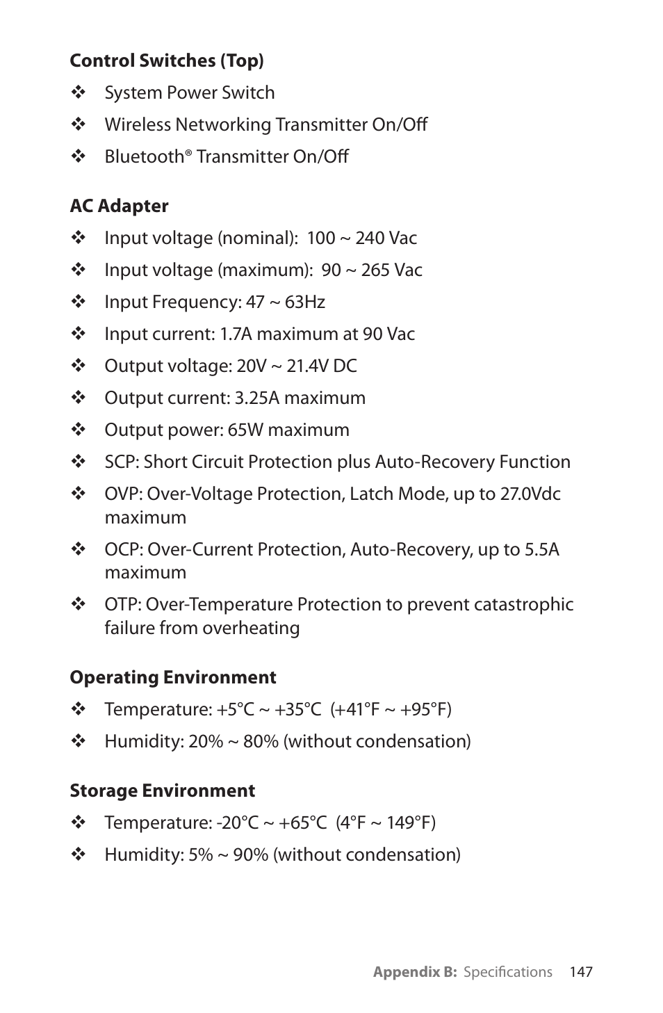 Control switches (top), Ac adapter, Operating environment | Storage environment | TabletKiosk Sahara Slate PC i575/i535 User Manual | Page 173 / 175