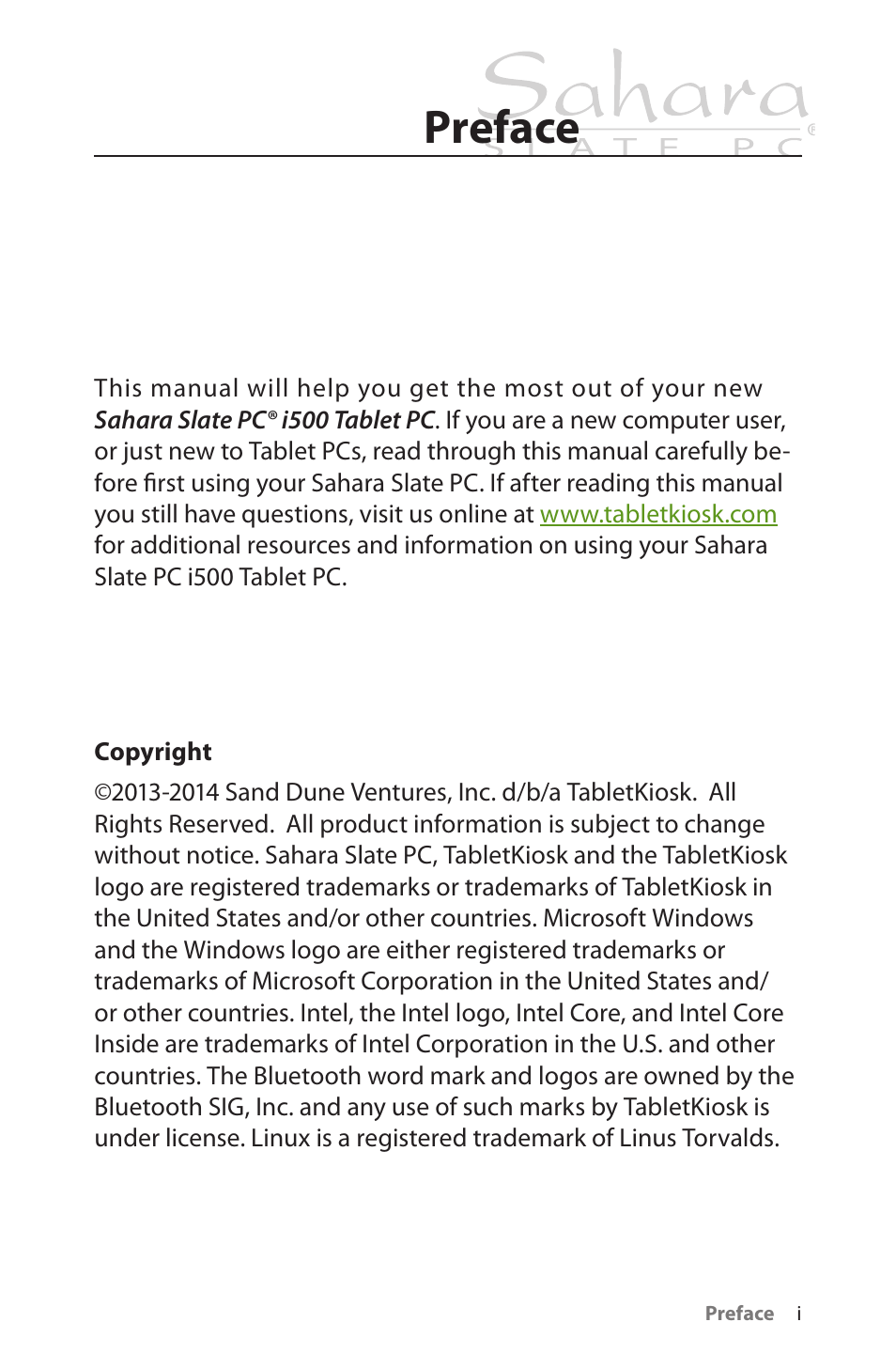 Preface, Copyright | TabletKiosk Sahara Slate PC i575/i535 User Manual | Page 3 / 175
