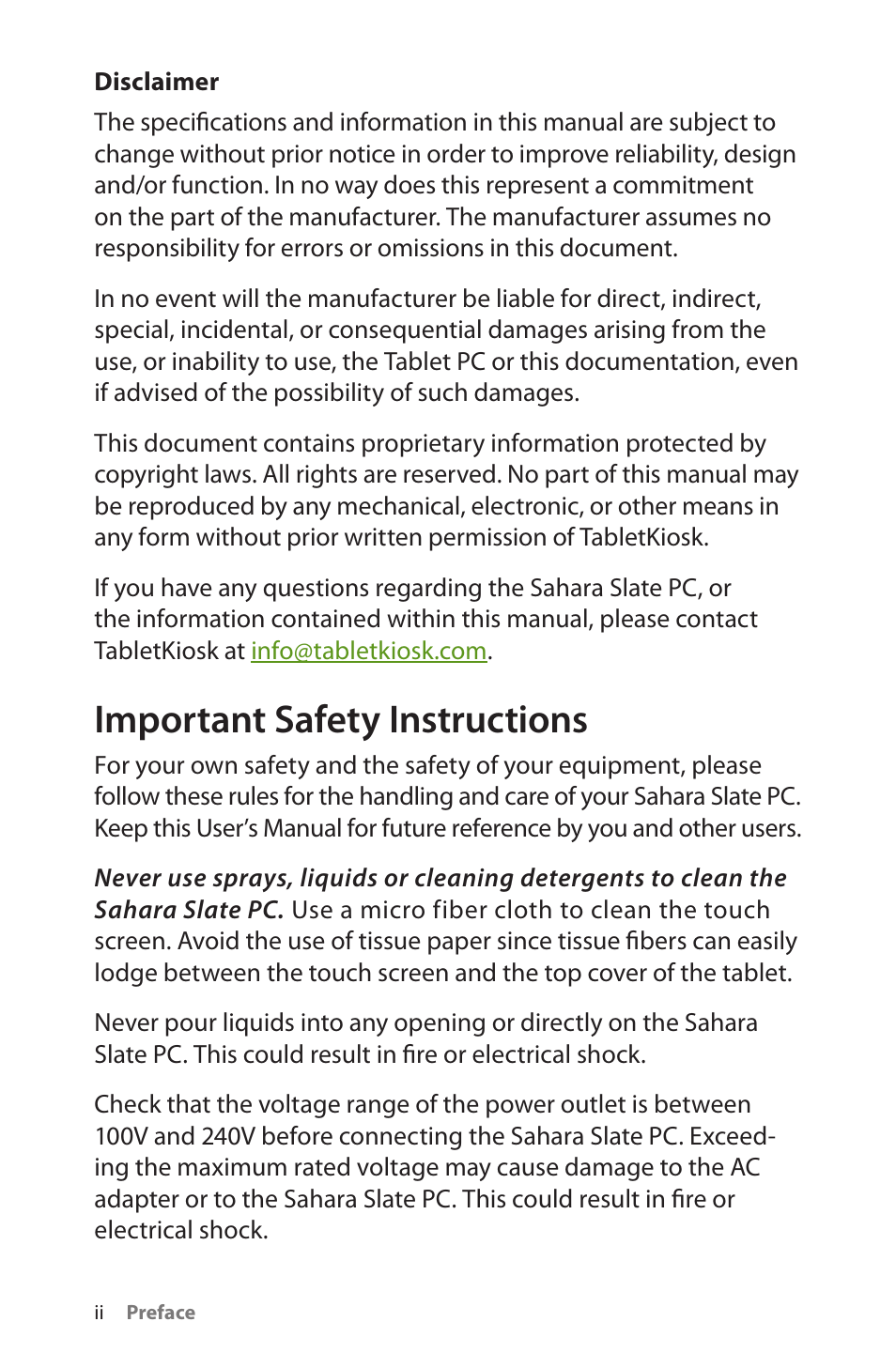 Disclaimer, Important safety instructions | TabletKiosk Sahara Slate PC i575/i535 User Manual | Page 4 / 175
