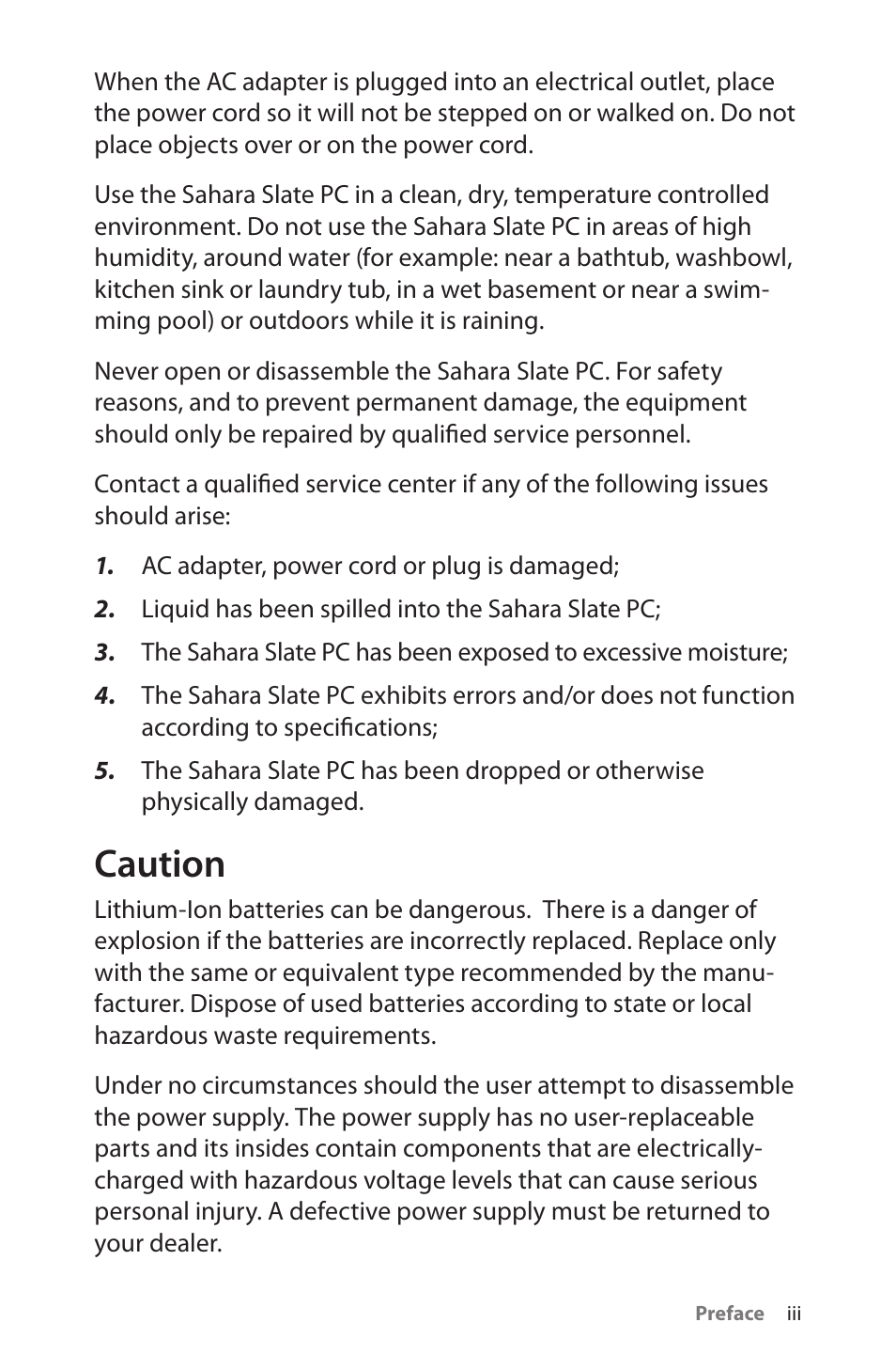 Caution | TabletKiosk Sahara Slate PC i575/i535 User Manual | Page 5 / 175