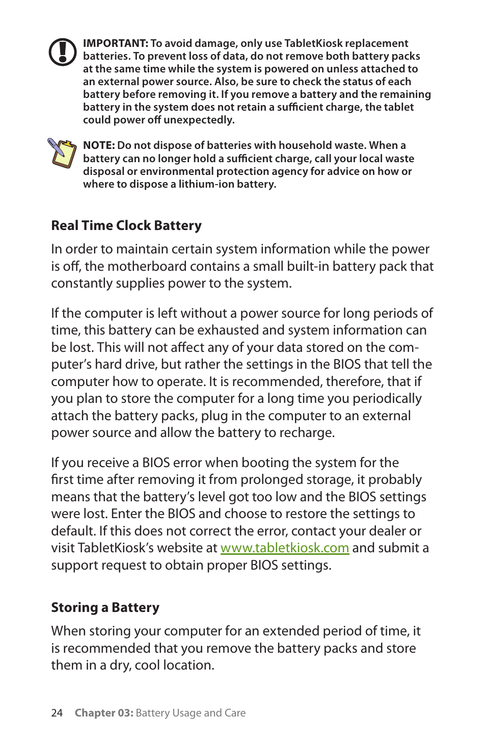 Real time clock battery, Storing a battery | TabletKiosk Sahara Slate PC i575/i535 User Manual | Page 50 / 175