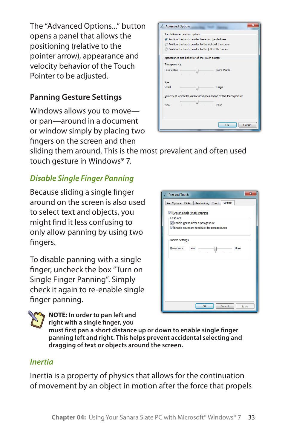 Panning gesture settings, Disable single finger panning, Inertia | Inertia 33 | TabletKiosk Sahara Slate PC i575/i535 User Manual | Page 59 / 175