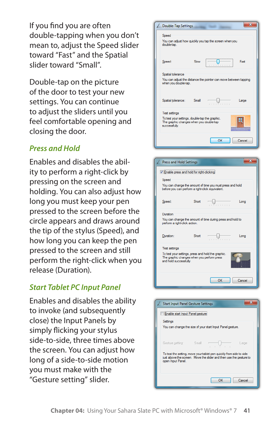 Press and hold, Start tablet pc input panel | TabletKiosk Sahara Slate PC i575/i535 User Manual | Page 67 / 175