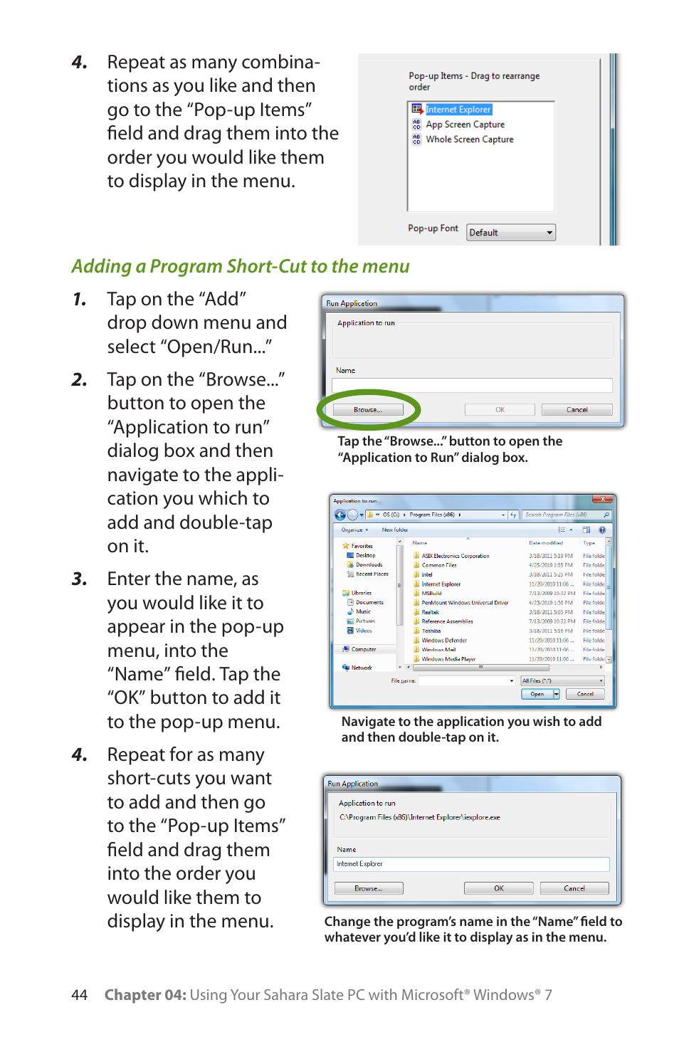Adding a program short-cut to the menu | TabletKiosk Sahara Slate PC i575/i535 User Manual | Page 70 / 175