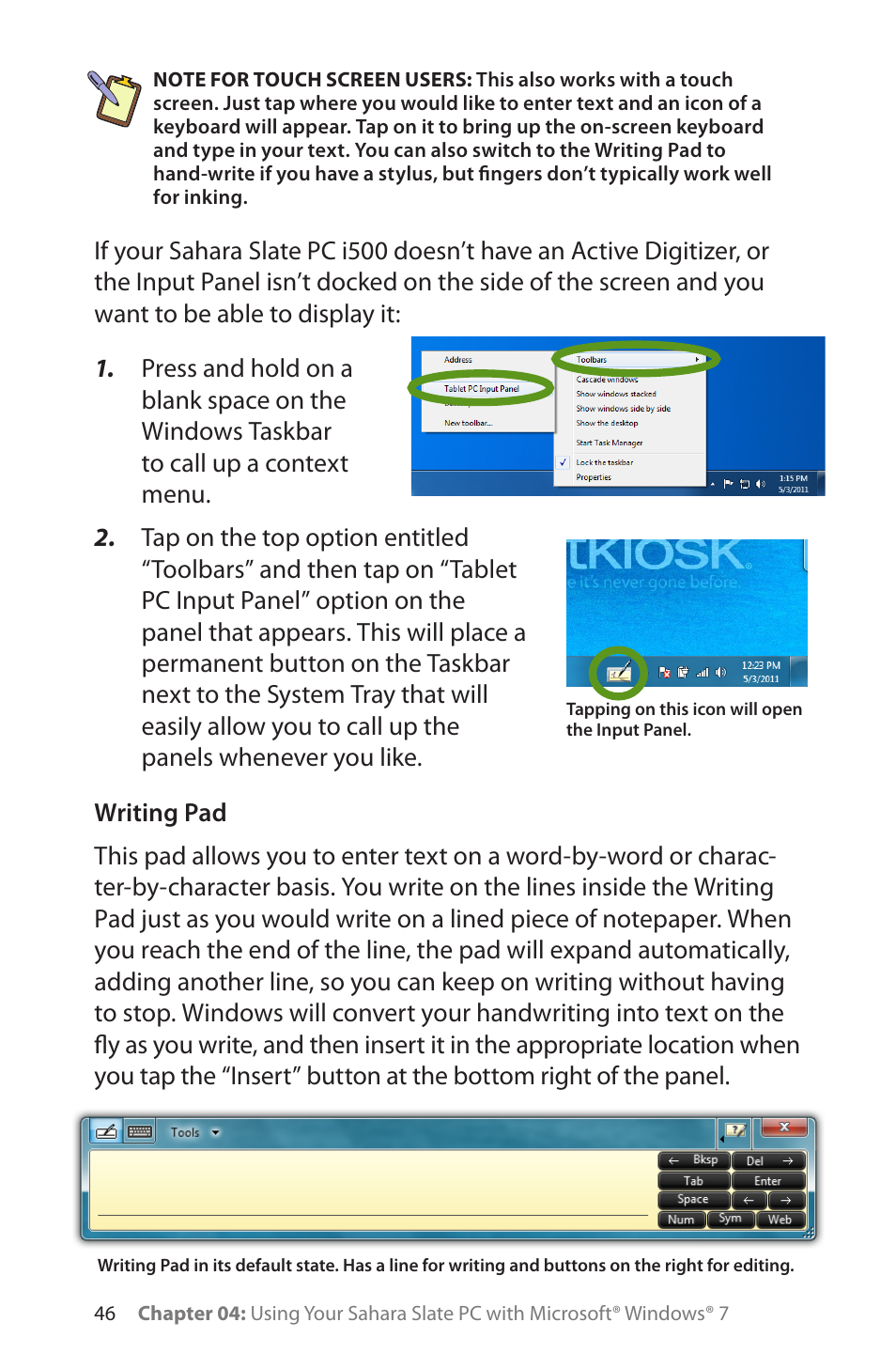 Writing pad | TabletKiosk Sahara Slate PC i575/i535 User Manual | Page 72 / 175