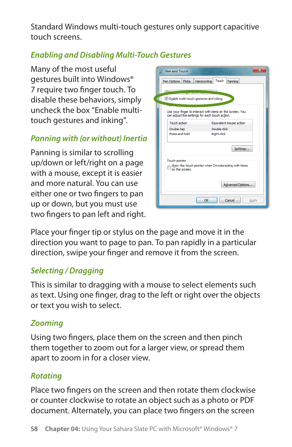 Enabling and disabling multi-touch gestures, Panning with (or without) inertia, Selecting / dragging | Zooming, Rotating, Zooming 58 rotating 58 | TabletKiosk Sahara Slate PC i575/i535 User Manual | Page 84 / 175