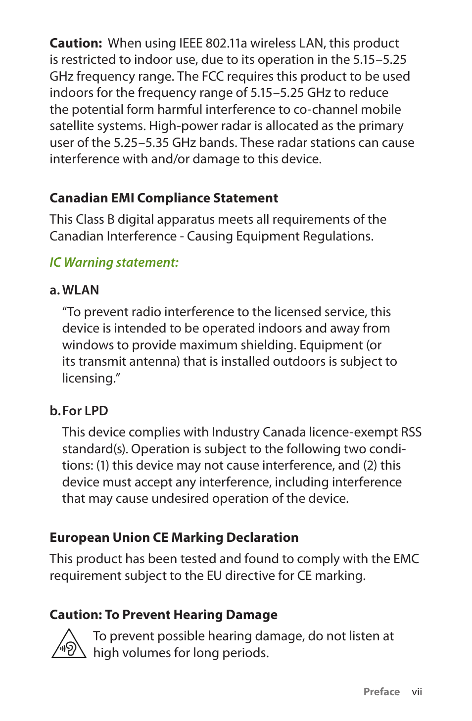 Canadian emi compliance statement, European union ce marking declaration, Caution: to prevent hearing damage | TabletKiosk Sahara Slate PC i575/i535 User Manual | Page 9 / 175