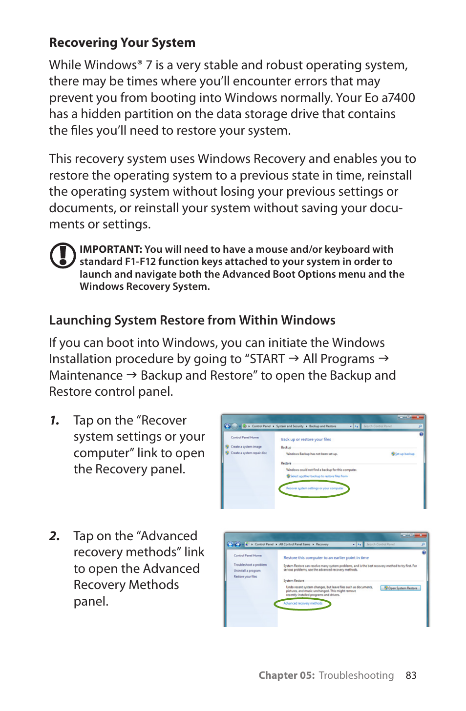 Recovering your system, Launching system restore from within windows | TabletKiosk eo a7400 User Manual | Page 101 / 128