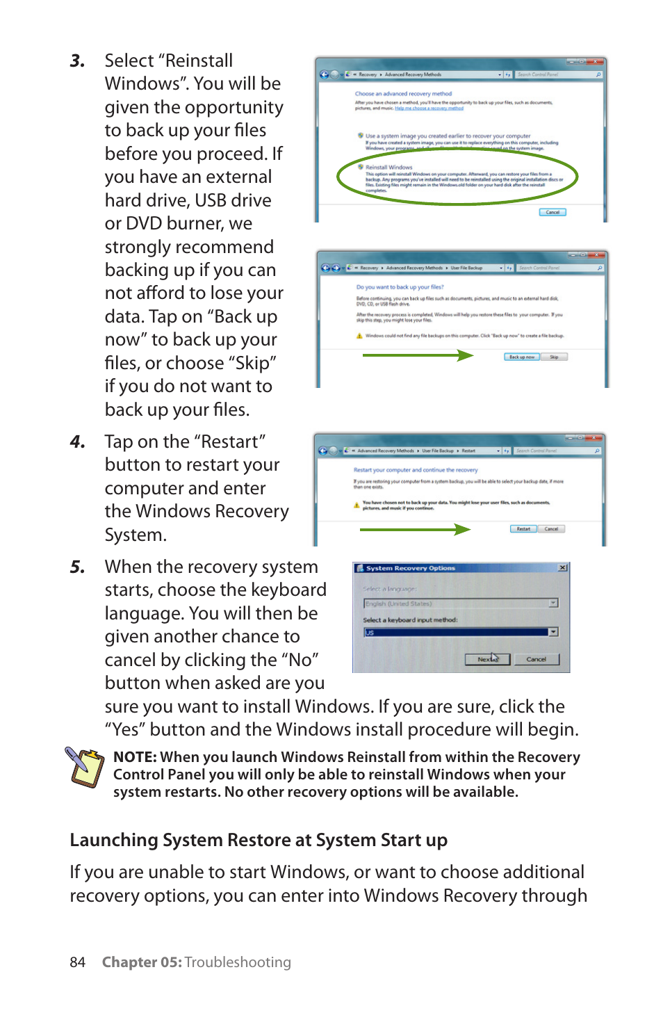 Launching system restore at system start up | TabletKiosk eo a7400 User Manual | Page 102 / 128