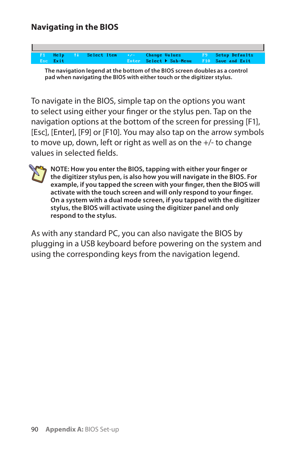 Navigating in the bios, 90 appendix a: bios set-up | TabletKiosk eo a7400 User Manual | Page 108 / 128