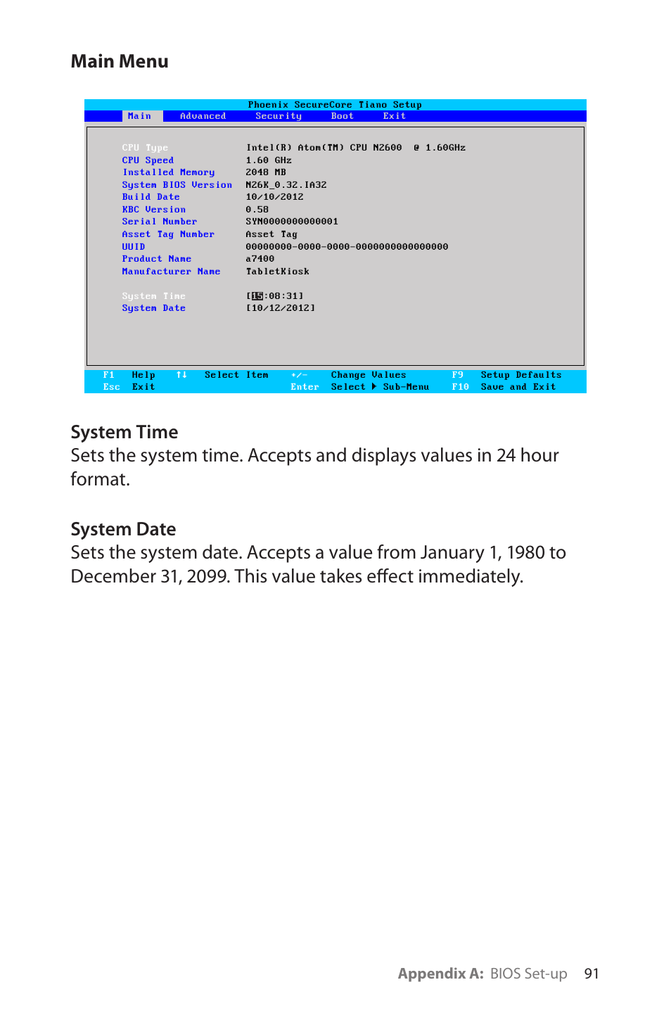 Main menu, System time, System date | Appendix a: bios set-up 91 | TabletKiosk eo a7400 User Manual | Page 109 / 128