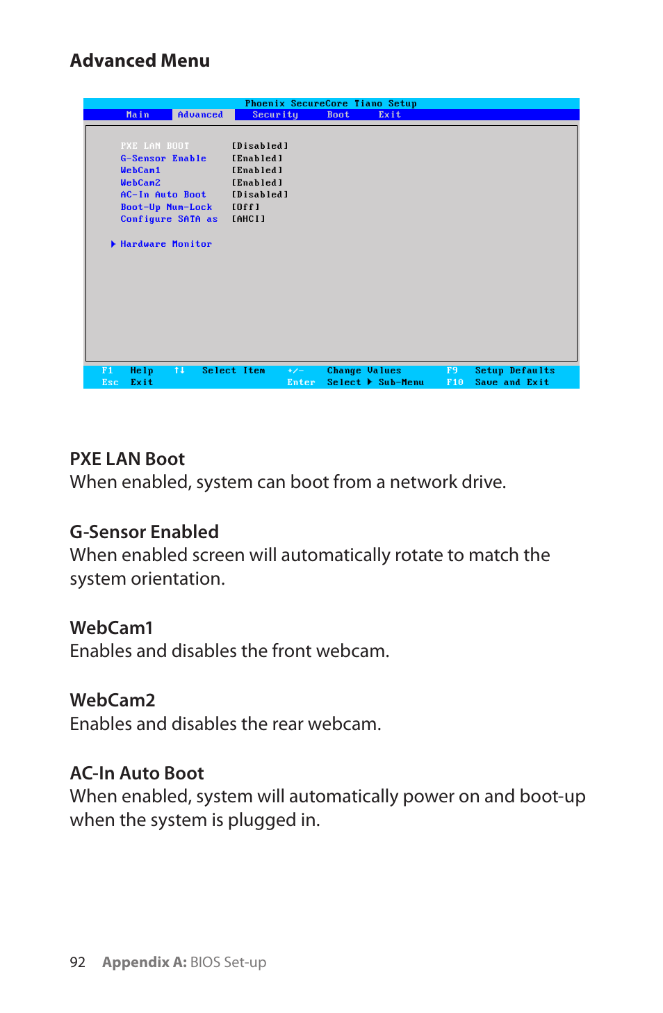 Advanced menu, Pxe lan boot, G-sensor enabled | Webcam1, Webcam2, Ac-in auto boot, Webcam1 92 webcam2 92 ac-in auto boot, 92 appendix a: bios set-up | TabletKiosk eo a7400 User Manual | Page 110 / 128