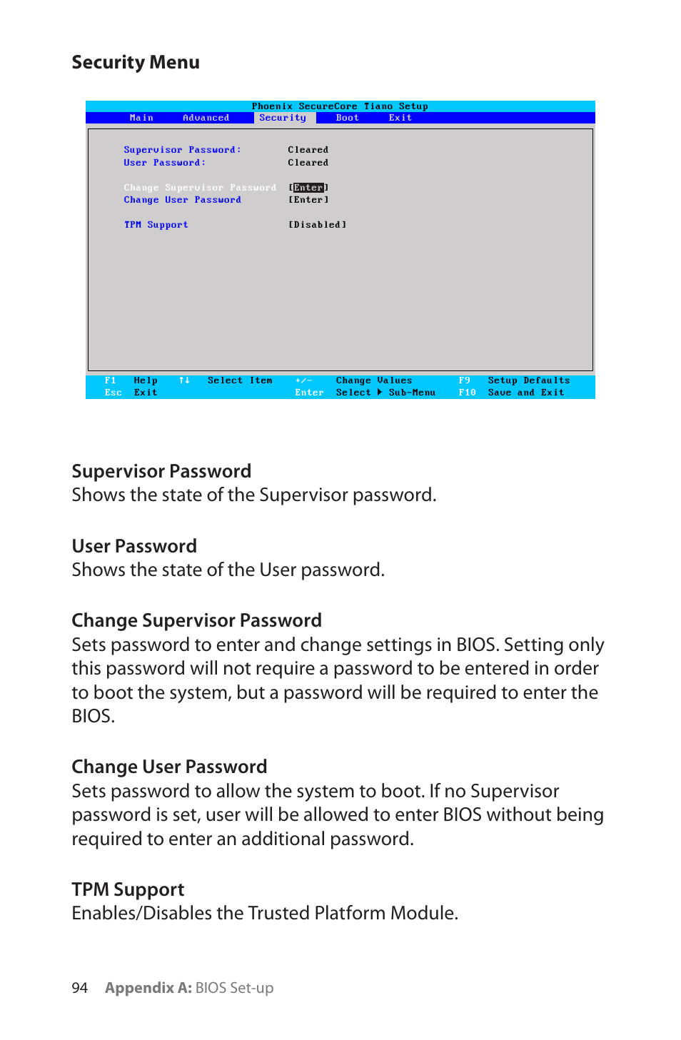 Security menu, Supervisor password, User password | Change supervisor password, Change user password, Tpm support, 94 appendix a: bios set-up | TabletKiosk eo a7400 User Manual | Page 112 / 128